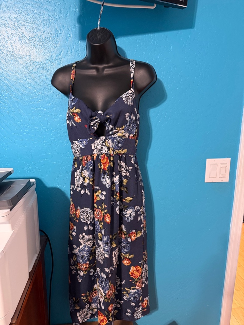 Xhilaration Navy Floral Midi Dress with Tie Front Accent